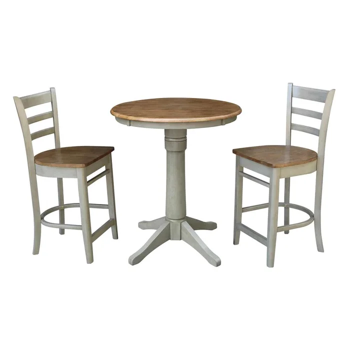 International Concepts (Set of 3 Pcs) – 30in Round Pedestal Gathering Height Table with 2 Emily Counter Height Stools in Hickory/Stone Finish – K41-30RT-27B-S6172-2