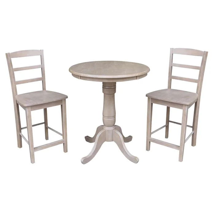 International Concepts (Set of 3 Pcs) – 30in Round Pedestal Gathering Height Table with 2 Madrid Counter Height Stools in Washed Gray Taupe Finish – K09-30RT-6B-S402-2