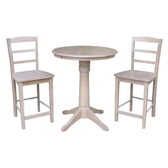 International Concepts (Set of 3 Pcs) – 30in Round Pedestal Gathering Height Table with 2 San Remo Counter Height Stools in Washed Gray Taupe Finish – K09-30RT-27B-6B-S402-2