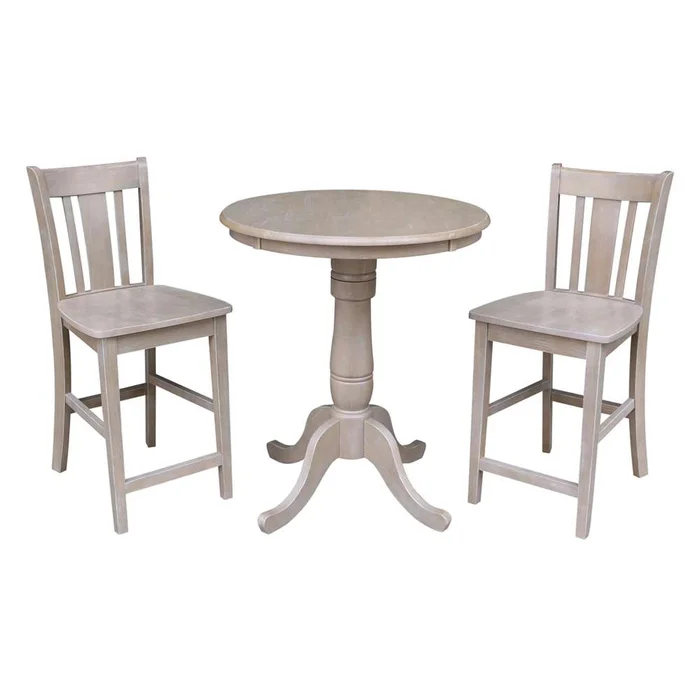 International Concepts (Set of 3 Pcs) – 30in Round Pedestal Gathering Height Table with 2 San Remo Counter Height Stools in Washed Gray Taupe Finish – K09-30RT-6B-S102-2