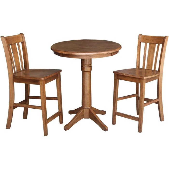 International Concepts (Set of 3 Pcs) – 30in Round Pedestal Gathering Height Table with 2 San Remo Counter Height Stools in Distressed Oak Finish – K42-30RT-27B-S102-2