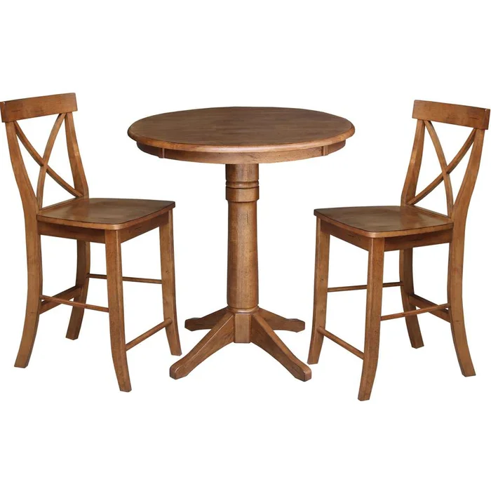 International Concepts (Set of 3 Pcs) – 30in Round Pedestal Gathering Height Table with 2 X-Back Counter Height Stools in Distressed Oak Finish – K42-30RT-27B-S6132-2