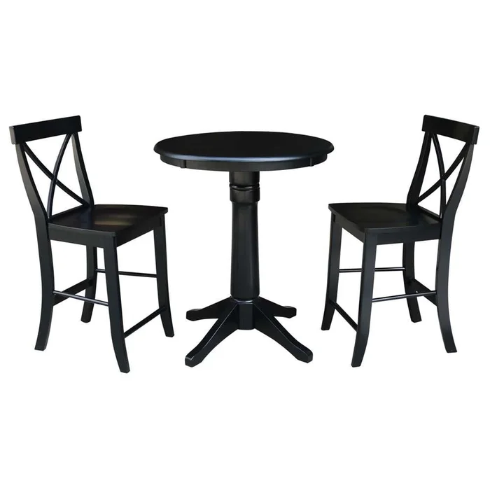 International Concepts (Set of 3 Pcs) – 30in Round Pedestal Gathering Height Table with 2 X-Back Counter Height Stools in Black Finish – K46-30RT-27B-S6132-2