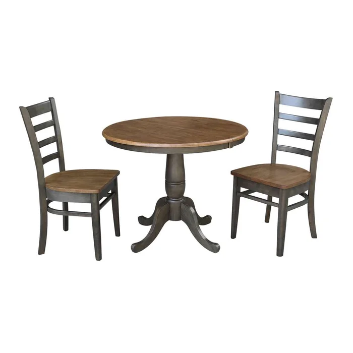 International Concepts (Set of 3 Pcs) – 36in Round Extension Dining Table with 2 RTA Chairs in Hickory/Washed Coal Finish – K45-36RXT-C617-2