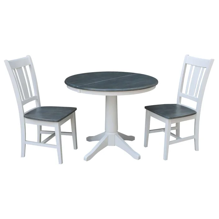 International Concepts (Set of 3 Pcs) – 36in Round Extension Dining Table with 2 RTA Chairs in White/Heather Gray Finish – K05-36RXT-27B-C10-2