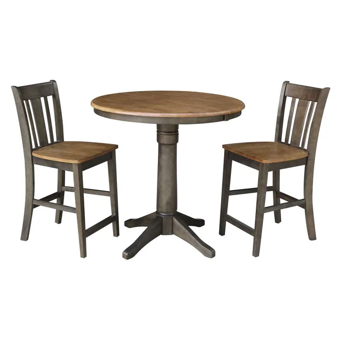 International Concepts (Set of 3 Pcs) – 36in Round Extension Dining Table with 2 San Remo Counter Height Stools in Hickory/Washed Coal Finish – K45-36RXT-27B-S102-2