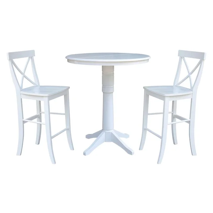 International Concepts (Set of 3 Pcs) – 36in Round Extension Dining Table with 2 X-Back Bar Height Stools in White Finish – K08-36RXT-27B-S6133