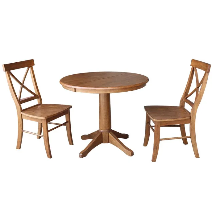 International Concepts (Set of 3 Pcs) – 36in Round Extension Dining Table with 2 X-Back Chairs in Distressed Oak Finish – K42-36RXT-27B-C613-2