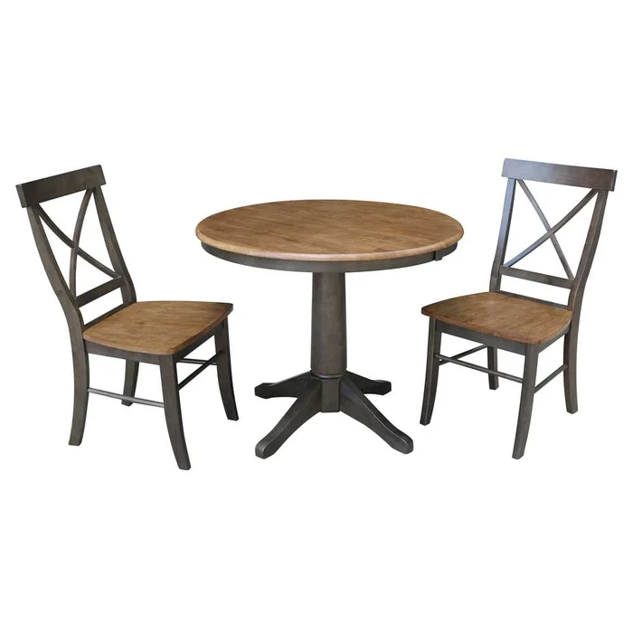 International Concepts (Set of 3 Pcs) – 36in Round Extension Dining Table with 2 X-Back Chairs in Hickory/Washed Coal Finish – K45-36RXT-27B-C613-2