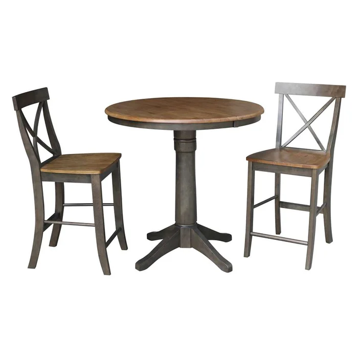 International Concepts (Set of 3 Pcs) – 36in Round Extension Dining Table with 2 X-Back Counter Height Stools in Hickory/Washed Coal Finish – K45-36RXT-27-S6132-2