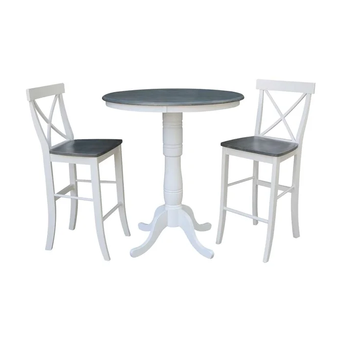 International Concepts (Set of 3 Pcs) – 36in Round Pedestal Bar Height Table with 2 X-Back Bar Height Stools in White/Heather Gray Finish – K05-36RT-6B-S6133-2