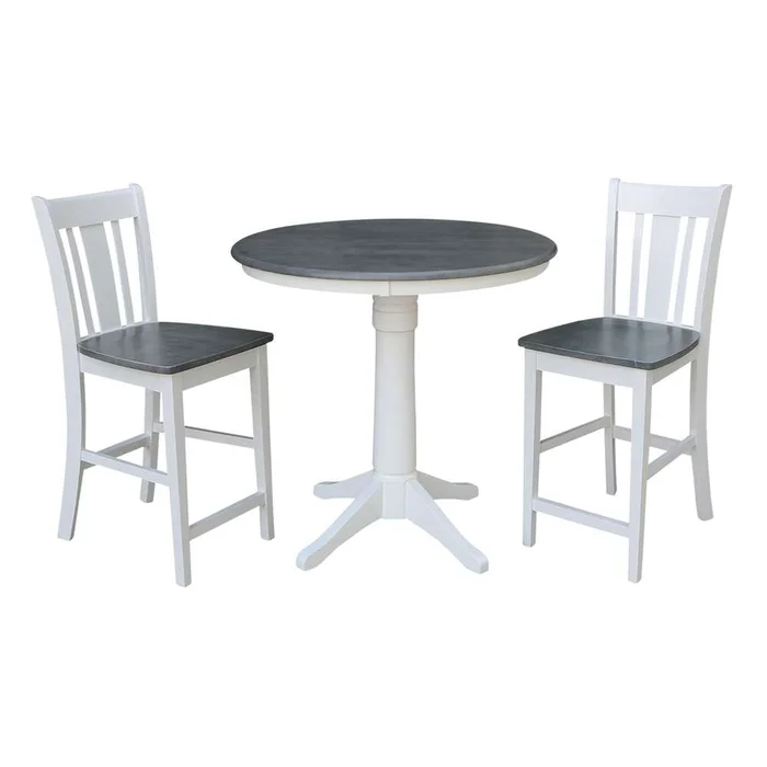 International Concepts (Set of 3 Pcs) – 36in Round Pedestal Gathering Height Table with 2 San Remo Counter Height Stools in White/Heather Gray Finish – K05-36RT-27B-S102-2