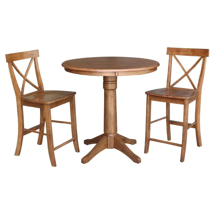 International Concepts (Set of 3 Pcs) – 36in Round Pedestal Gathering Height Table with 2 X-Back Counter Height Stools in Distressed Oak Finish – K42-36RT-27B-S6132-2
