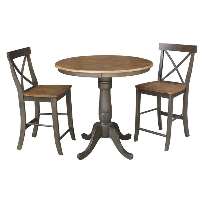 International Concepts (Set of 3 Pcs) – 36in Round Pedestal Gathering Height Table with 2 X-Back Counter Height Stools in Hickory/Washed Coal Finish – K45-36RT-6B-S6132-2