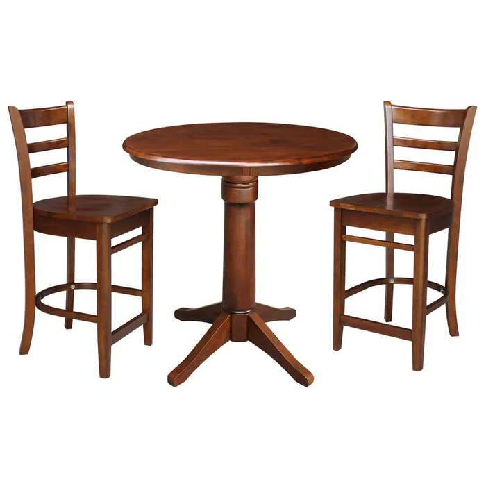 International Concepts (Set of 3 Pcs) – 36in Round Pedestal Table with 2 RTA Counter Height Stools in Espresso Finish – K581-36RT-27-S6172-2
