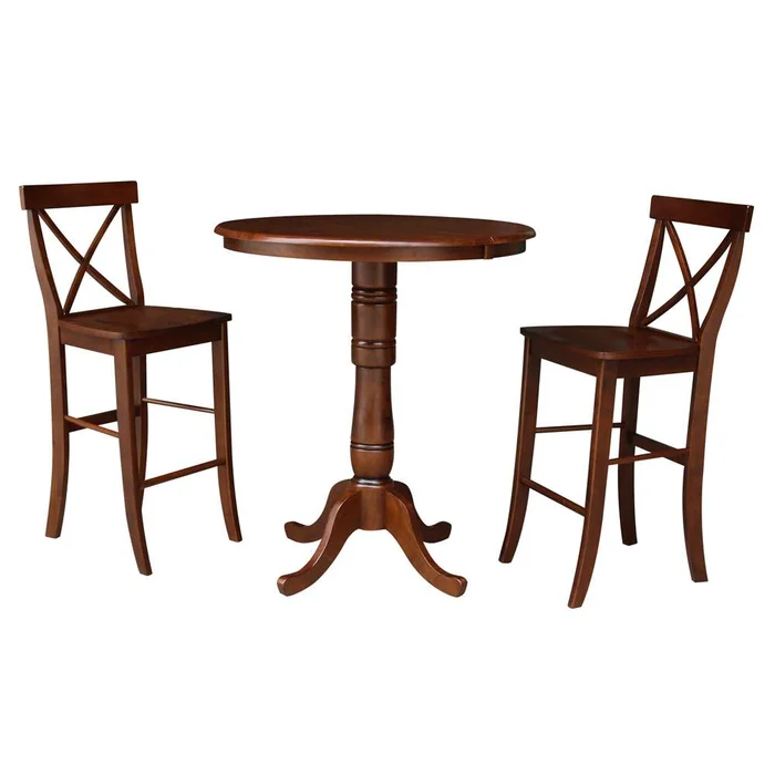 International Concepts (Set of 3 Pcs) – 36in Round Top Ped Ext Table Bar Height with 12in Leaf and 2 RTA X-Back Barstools in Espresso Finish – K581-36RXT-6B-S6133