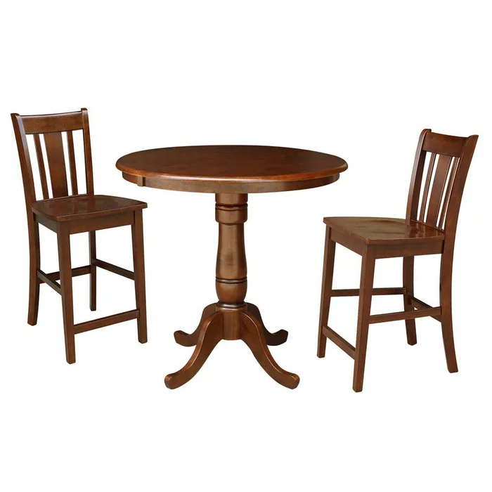 International Concepts (Set of 3 Pcs) – 36in Round Top Ped Ext Table with 12in Leaf and 2 San Remo RTA Counter Height Stools in Espresso Finish – K581-36RXT-6B-S102-2
