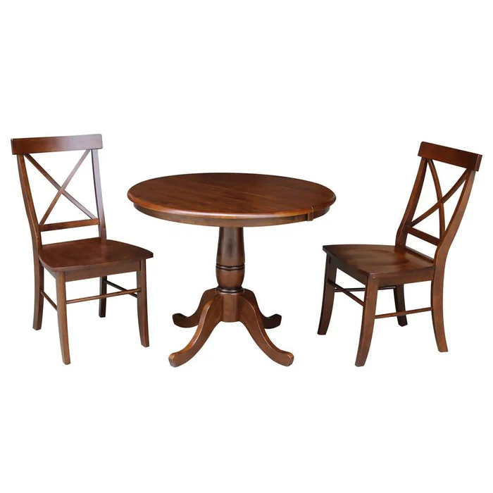 International Concepts (Set of 3 Pcs) – 36in Round Top Ped Ext Table with 12in Leaf and 2 X-Back Chairs in Espresso Finish – K581-36RXT-C613-2