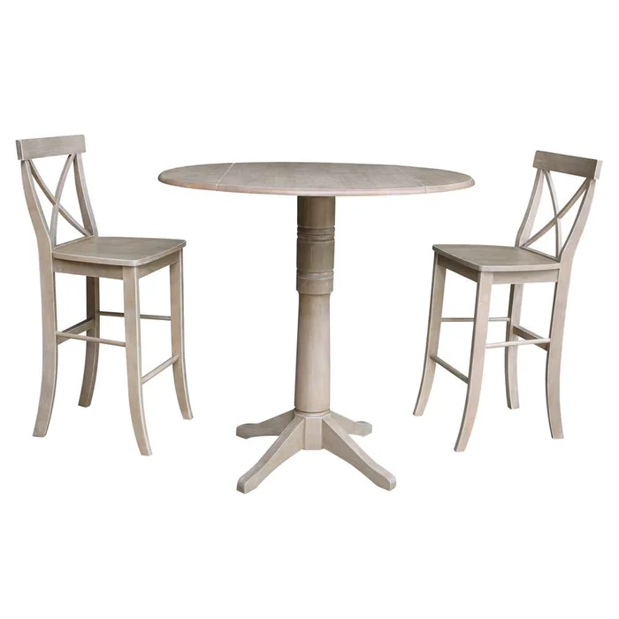 International Concepts (Set of 3 Pcs) – 42in Round Pedestal Bar Height Table with 2 RTA Bar Height Stools in Washed Gray Taupe Finish – K09-42DPT-27-S6133-2