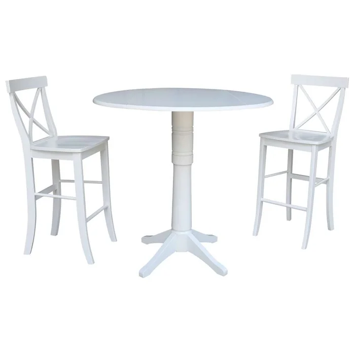 International Concepts (Set of 3 Pcs) – 42in Round Pedestal Bar Height Table with 2 RTA Bar Height Stools in White Finish – K08-42DP-27B-S6133-2