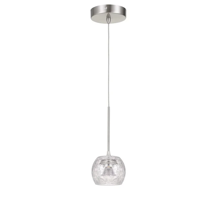 Ithaca 3000K, 8W, 700 Lumen, 90 Cri Dimmable Led Glass Mini Pendant With Clear Crackle Glass By Cal Lighting – Brushed Steel