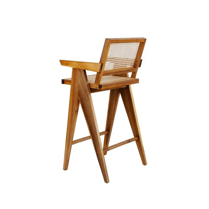 Jeanneret Barstool With Arms Hand Caned Seat and Back