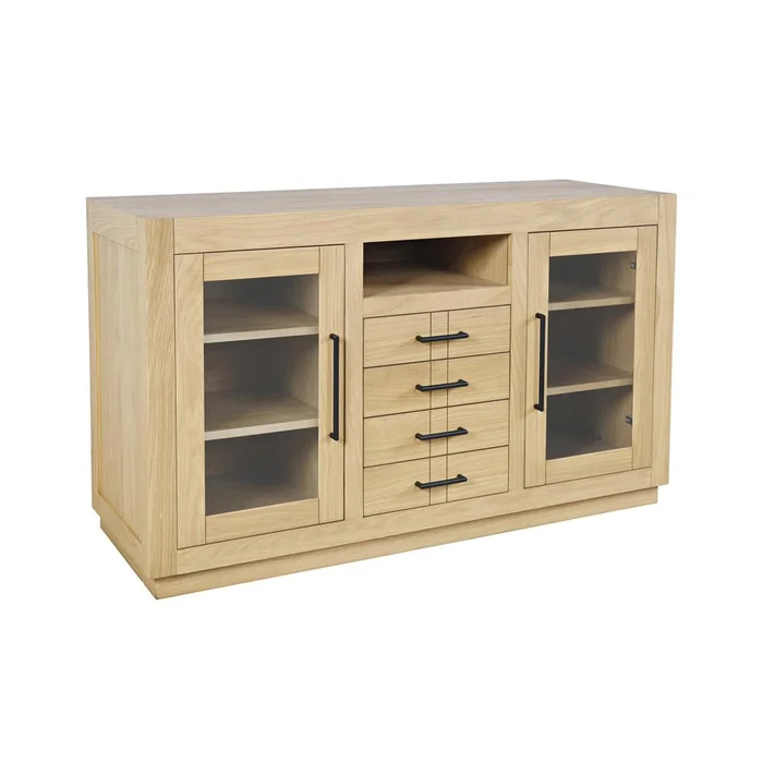 Jofran – Auburn Hills 50in Contemporary Media Console with Tempered Glass Doors, Drawers and Adjustable Shelves in Light Oak – 2498-50