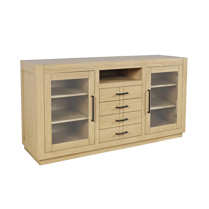Jofran – Auburn Hills 60in Contemporary Media Console with Tempered Glass Doors, Drawers and Adjustable Shelves in Light Oak – 2498-60