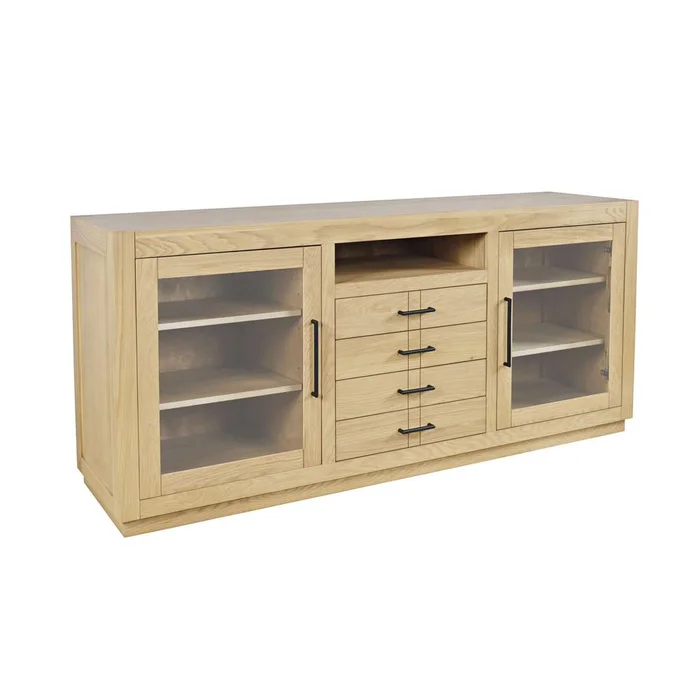 Jofran – Auburn Hills 70in Contemporary Media Console with Tempered Glass Doors, Drawers and Adjustable Shelves in Light Oak – 2498-70