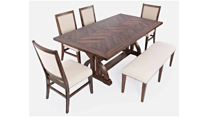 Jofran – Fairview Mid-Century Distressed 78in Six-Piece Upholstered Dining Set with Bench – 1931-78D-6