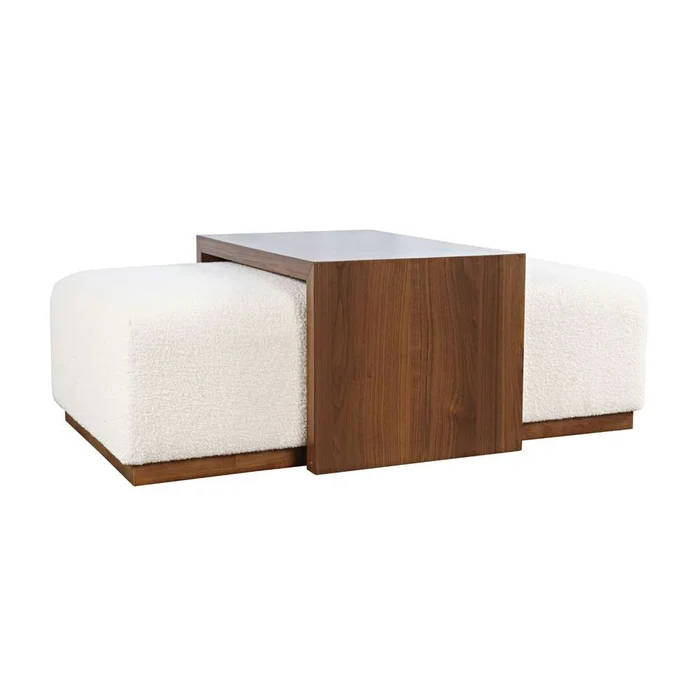 Jofran – Hudson 48in Modern Luxury Ivory Boucle Upholstered Sliding Ottoman with Caster Wheels and Coffee Table Top – 2376-48