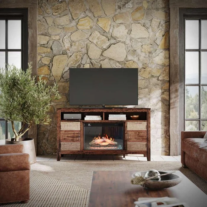 Jofran – Painted Canyon Rustic 60in Storage Console TV Stand with Electric Fireplace, – 1600-FP6034
