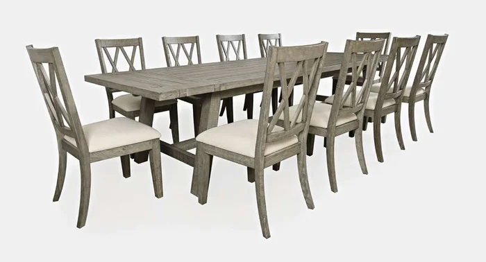 Jofran – Telluride Eleven Piece Rustic Distressed Pine 127in Extendable Dining Set, Driftwood Grey – 2231-42D-11X