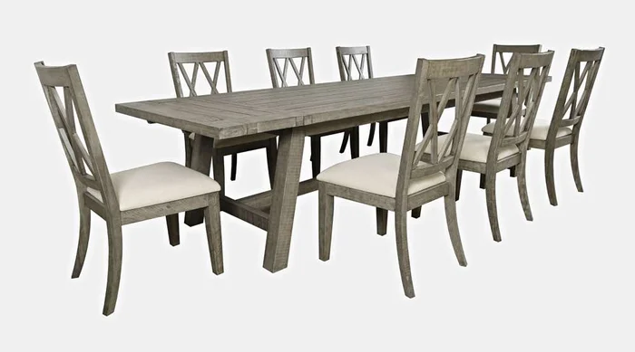 Jofran – Telluride Nine Piece Rustic Distressed Pine 127in Extendable Dining Set, Driftwood Grey – 2231-42D-9X