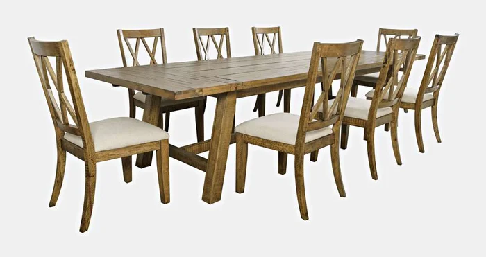 Jofran – Telluride Nine Piece Rustic Distressed Pine 127in Extendable Dining Set, Gold – 1801-42D-9X