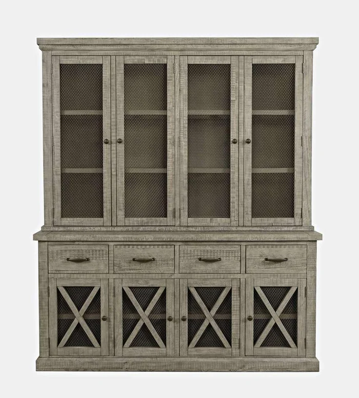 Jofran – Telluride Rustic Distressed Pine Sideboard Buffet Hutch with LED Lights, Driftwood Grey – 2231-7071KT