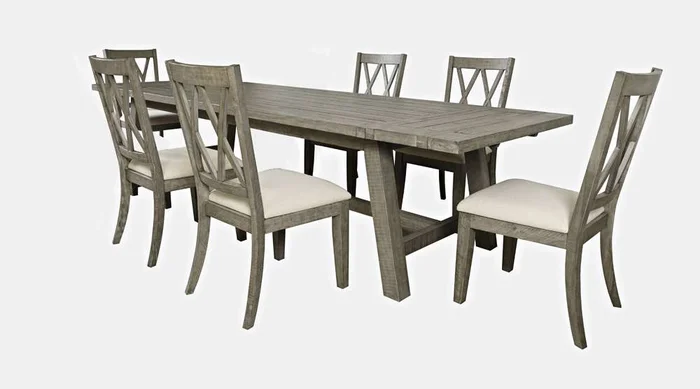 Jofran – Telluride Seven Piece Rustic Distressed Pine 127in Extendable Dining Set, Driftwood Grey – 2231-42D-7X