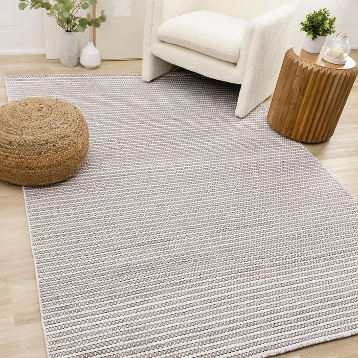 Kalora Interiors – Aspen White Taupe Black Stripe Pattern Woven Rug, 710in x 106in – 7234 240320