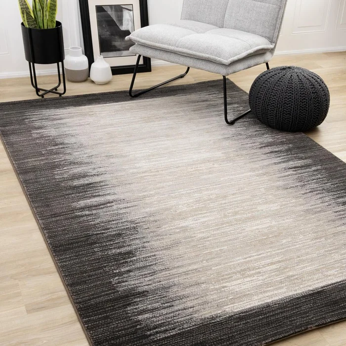 Kalora Interiors – Aurora Black Beige Distressed Sound Wave Border Rug, 710in x 1010in – 63856/9293 240330