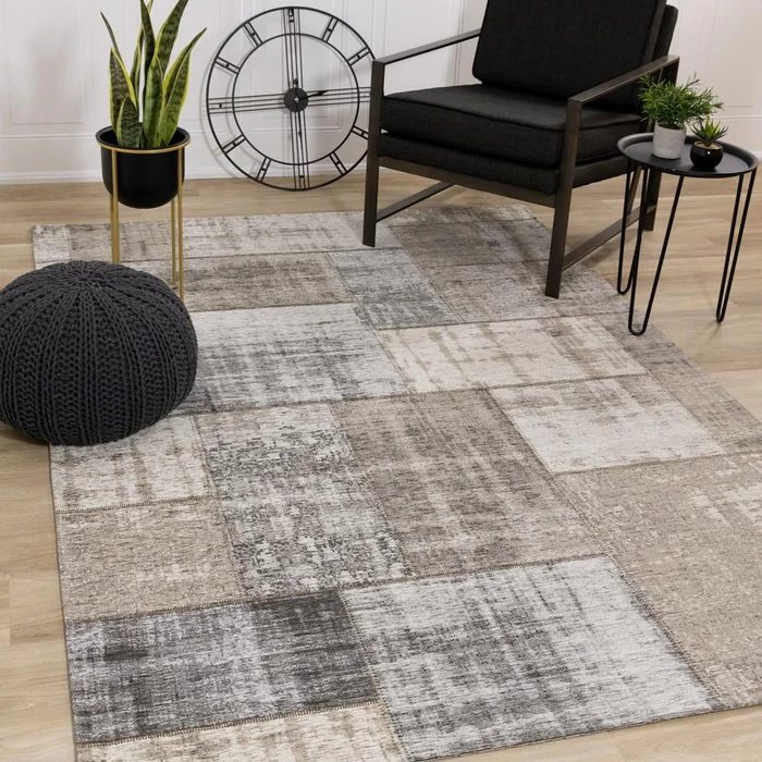 Kalora Interiors – Cathedral Grey Cream Distressed Patchwork Rug, 710in x 1010in – 5307/04 240330