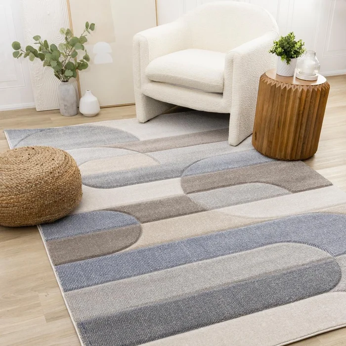 Kalora Interiors – Folio Blue Beige Grey Rounded Geoemetric Overlay Striped Design Rug, 53in x 77in – H823/6242 160230