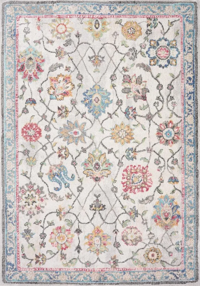 Kalora Interiors – Fresco Cream Grey Pink Yellow Orange Floral Border Rug, 710in x 106in – F708/6242 240320