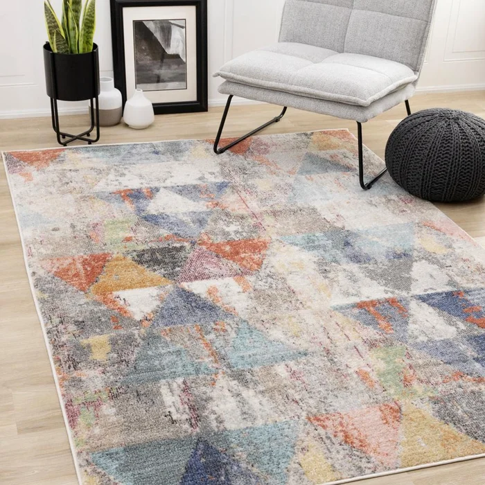 Kalora Interiors – Fresco Distressed Grey Pink Blue Yellow Triangular Pattern Rug, 53in x 77in – F727/6252 160230