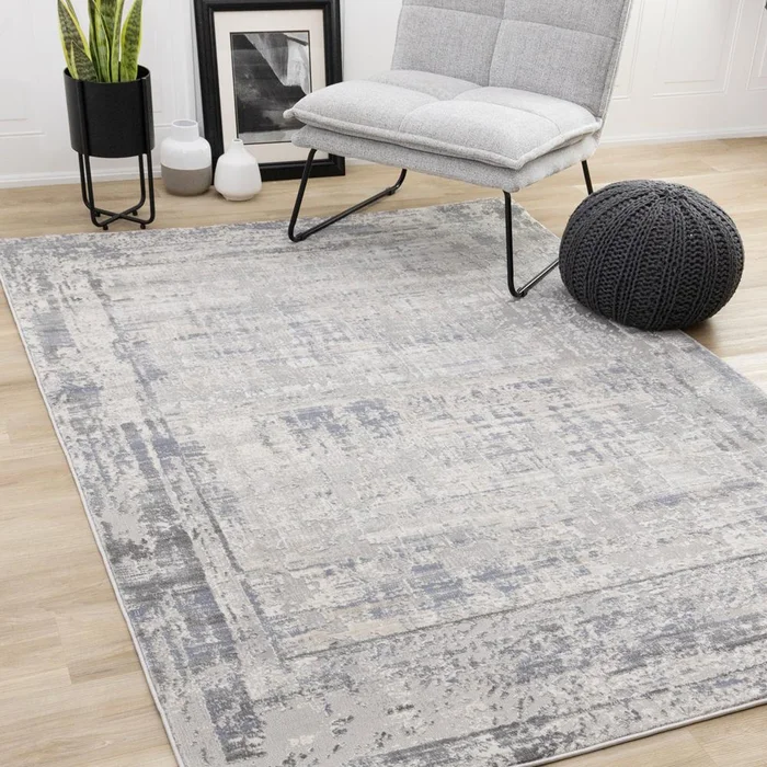 Kalora Interiors – Luca Grey White Blue Distressed Border Rug, 53in x 77in – F113/0454 160230