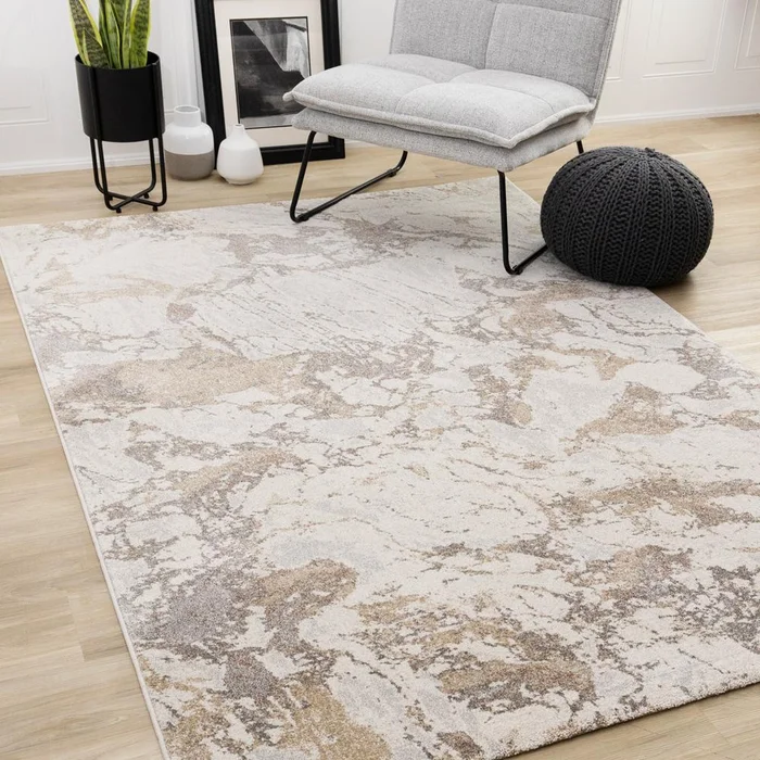 Kalora Interiors – Mae White Grey Beige Marble Design Rug, 710in x 112in – 34082/6282 240340