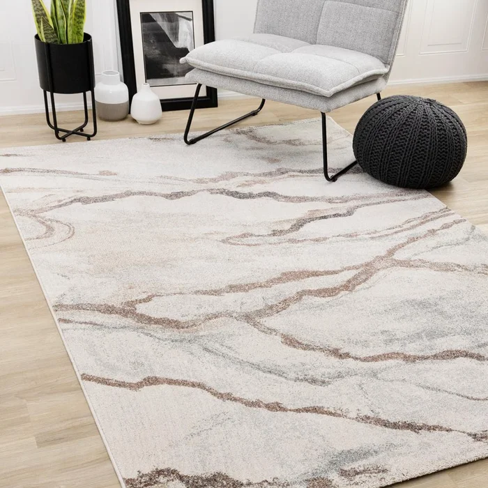 Kalora Interiors – Mae White Grey Orange Veined Marble Design Rug, 53in x 77in – 34068/6262 160230