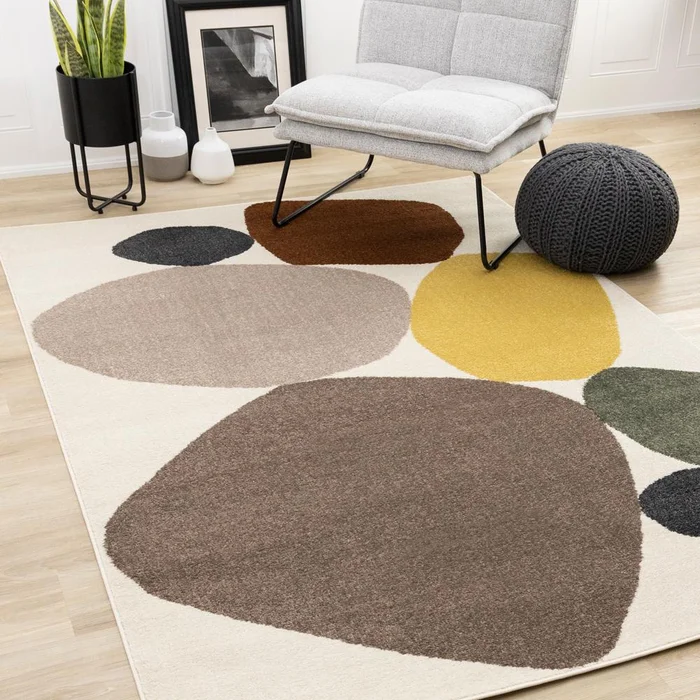 Kalora Interiors – Malibu Cream Oxblood Green Yellow Pebbles Design Rug, 710in x 106in – J035/1262 240320