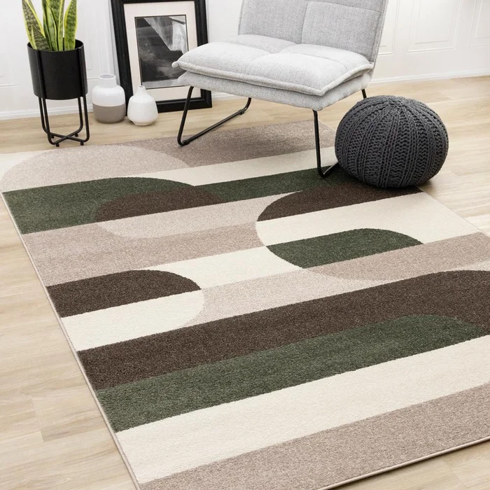 Kalora Interiors – Malibu Taupe Green Cream Striped Curvy Geometric Design Rug, 710in x 106in – H823/1313 240320