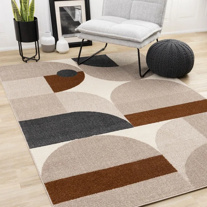Kalora Interiors – Malibu Taupe Oxblood Cream Curvy Geometric Design Rug, 53in x 77in – H904/1343 160230