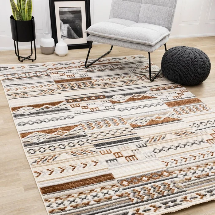 Kalora Interiors – Nala Cream Grey Oxblood Striped Rows Southwestern Pattern Rug, 710in x 106in – N156/UL81 240320